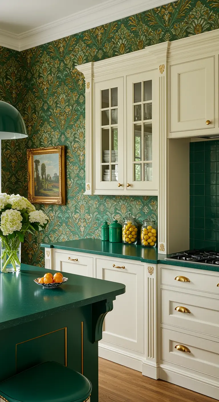 Traditional kitchen with green damask wallpaper, ornate off-white cabinets, and a landscape painting.