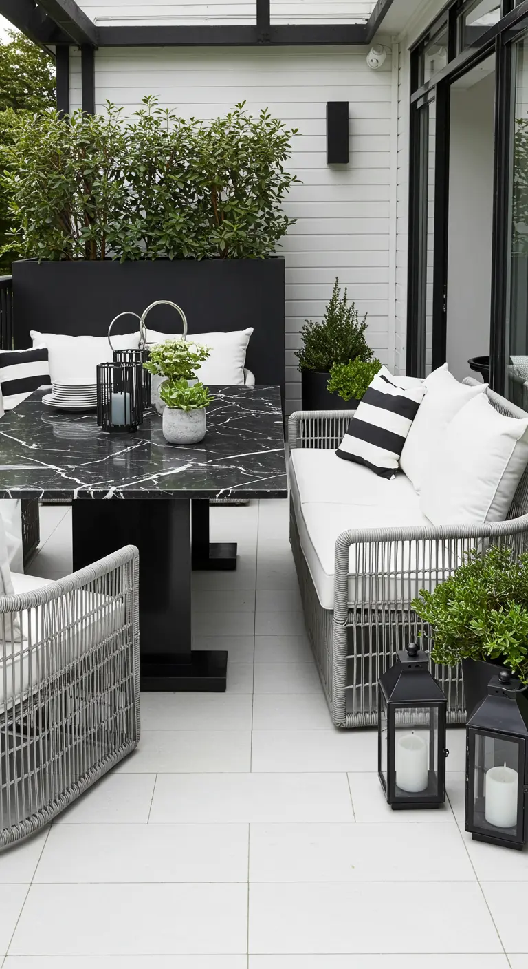 A chic patio with a black marble table, white cushions, and striped pillows.