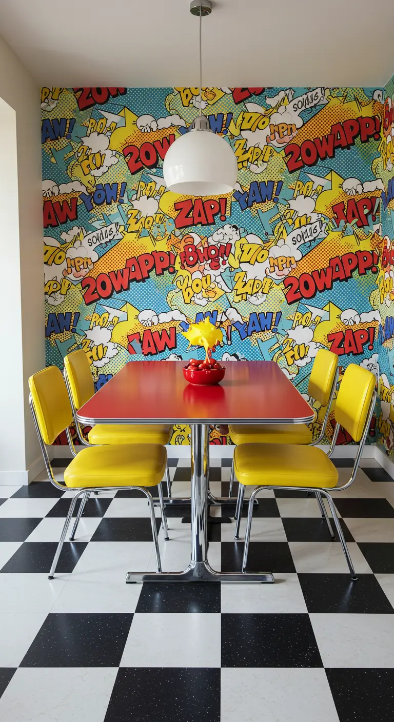Dining nook with comic book wallpaper, a red table, and yellow chairs on a checkerboard floor.