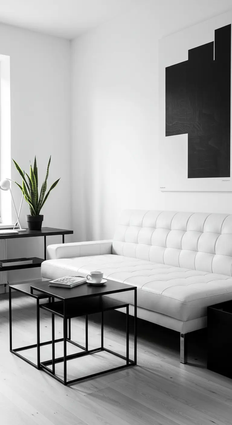 A black-and-white minimalist room with a white tufted leather sofa and black metal nesting tables.
