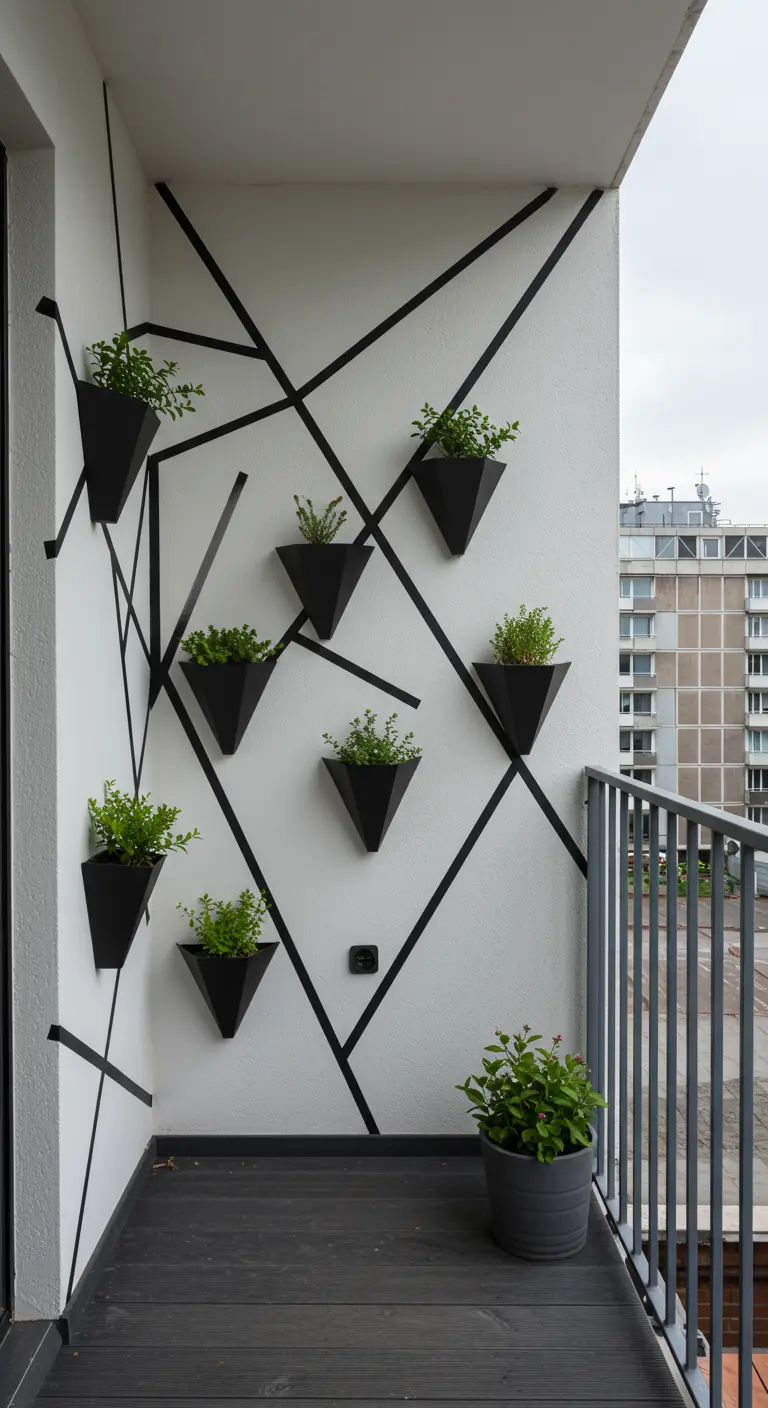 A white balcony wall with a geometric pattern made of black tape, with small black planters mounted on it.