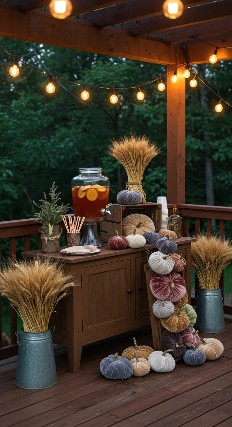 Outdoor fall drink station with velvet pumpkins, wheat bundles, and string lights.