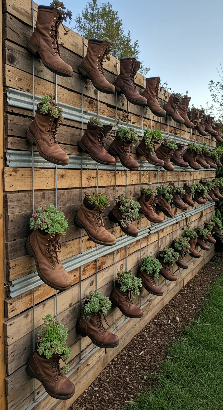 A long wall featuring dozens of brown boots with succulents on a trellis.