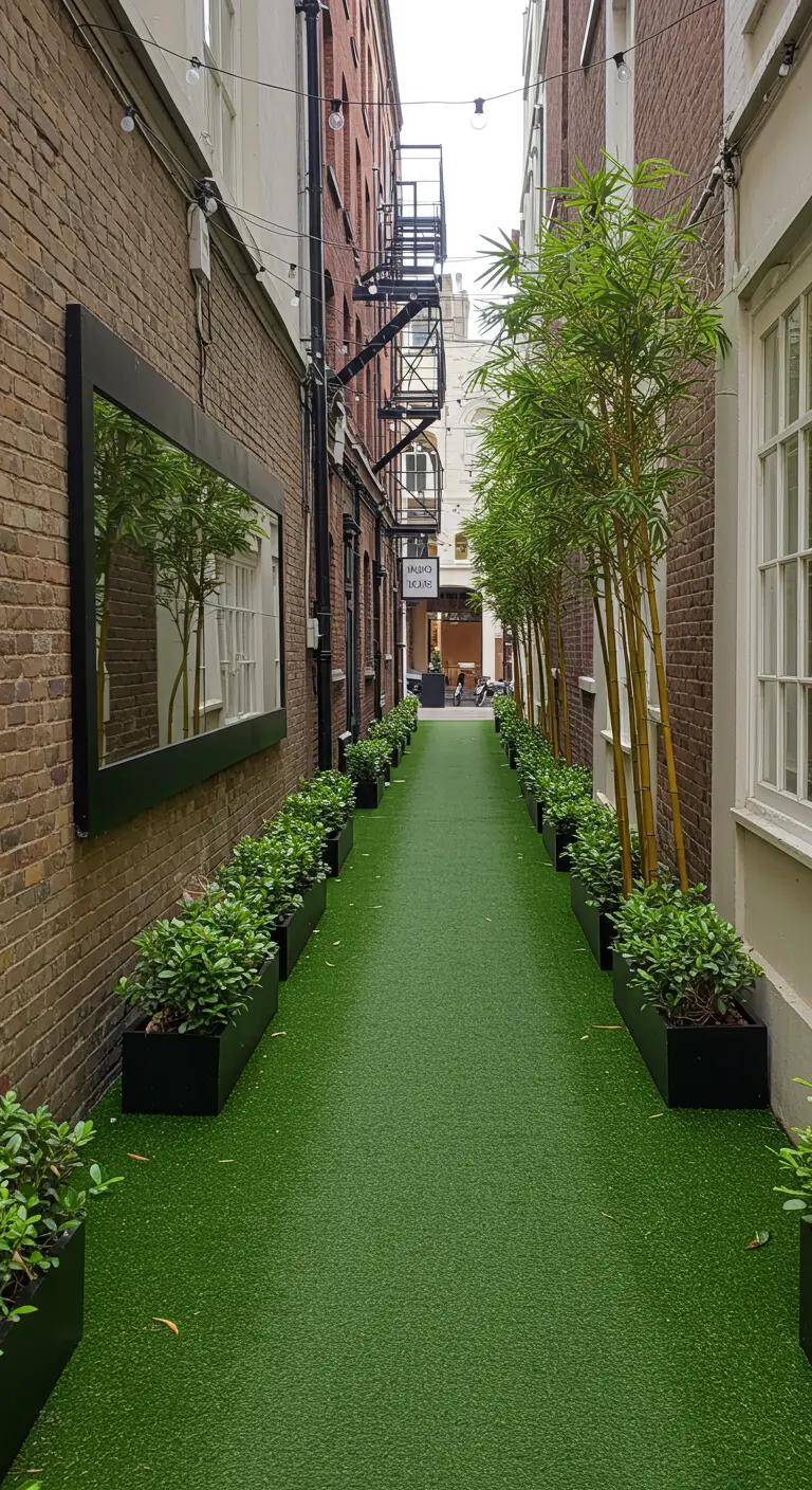 A long, narrow passage transformed with artificial grass, a row of bamboo, and a long mirror.