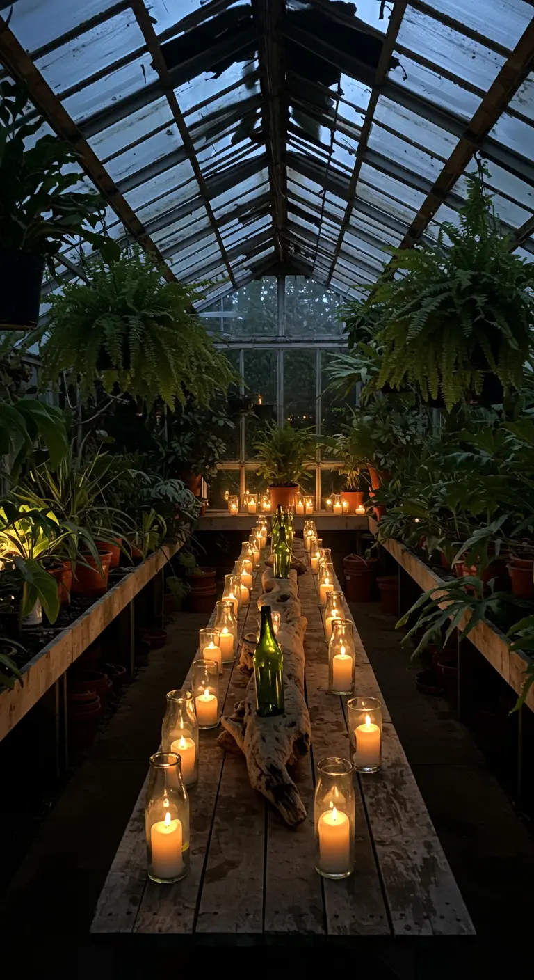 A long table in a greenhouse decorated with a driftwood and candle-filled bottle centerpiece.