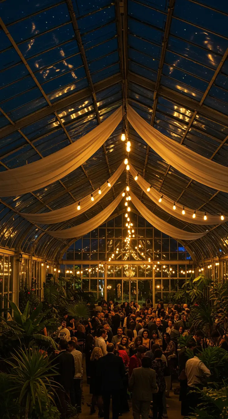 A party inside a large greenhouse at night, with draped fabric and string lights hanging from the ceiling.