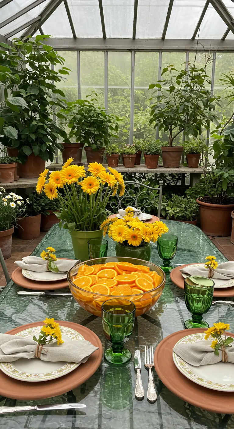 A table in a greenhouse with a large glass bowl of orange slices as the centerpiece.