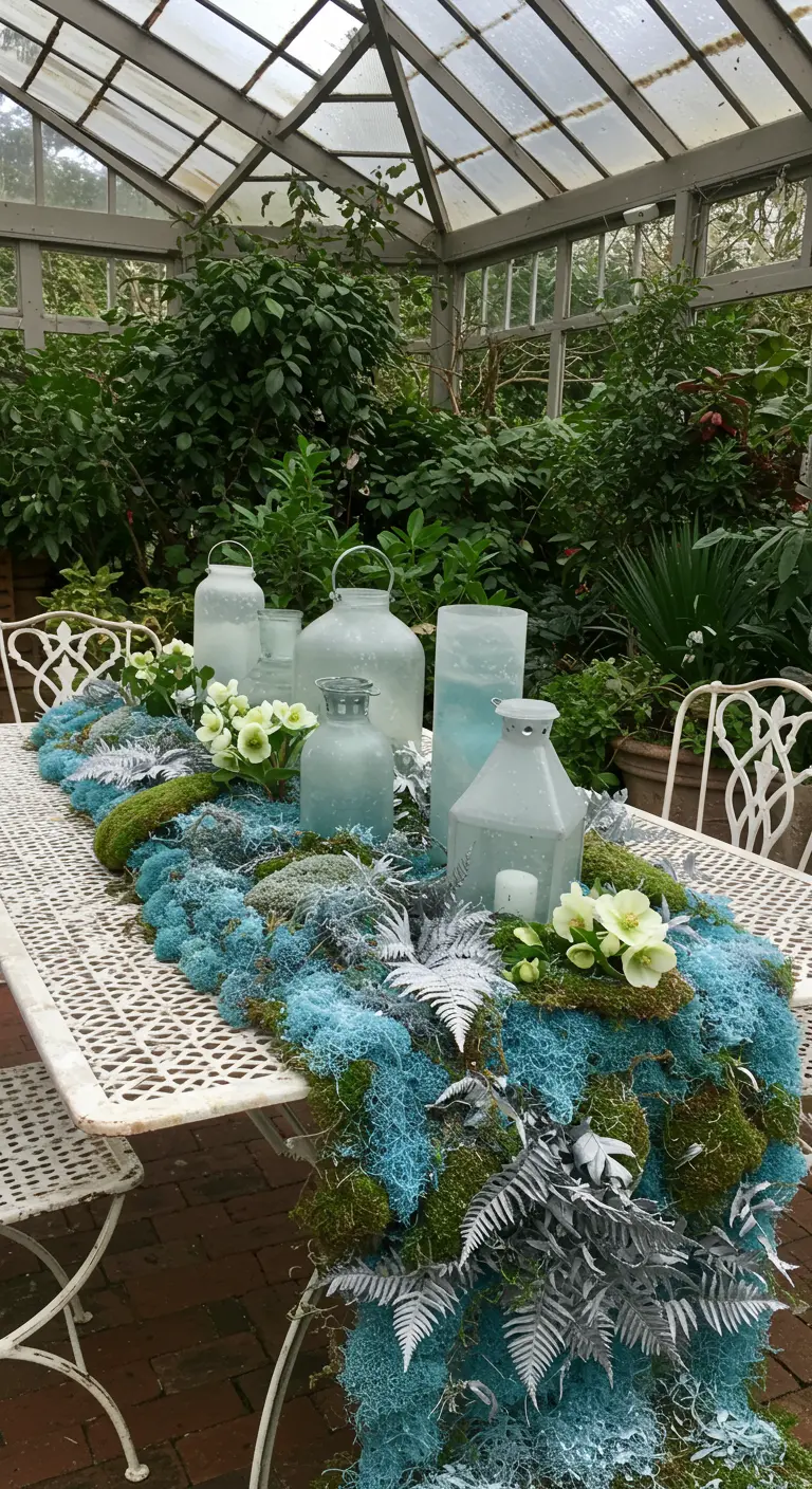 A table in a greenhouse with a runner made of green and blue moss and silver ferns.