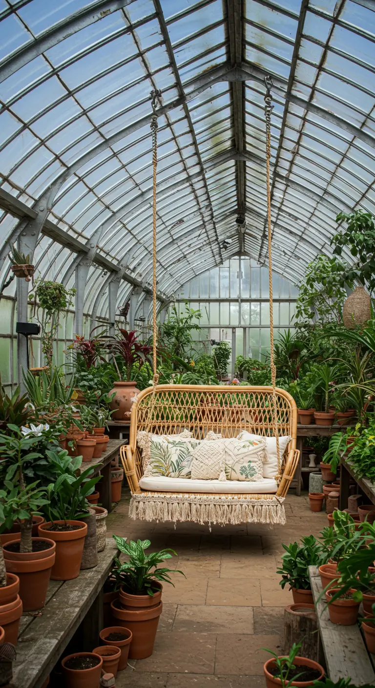 Rattan swing sofa with botanical pillows inside a large, plant-filled greenhouse.