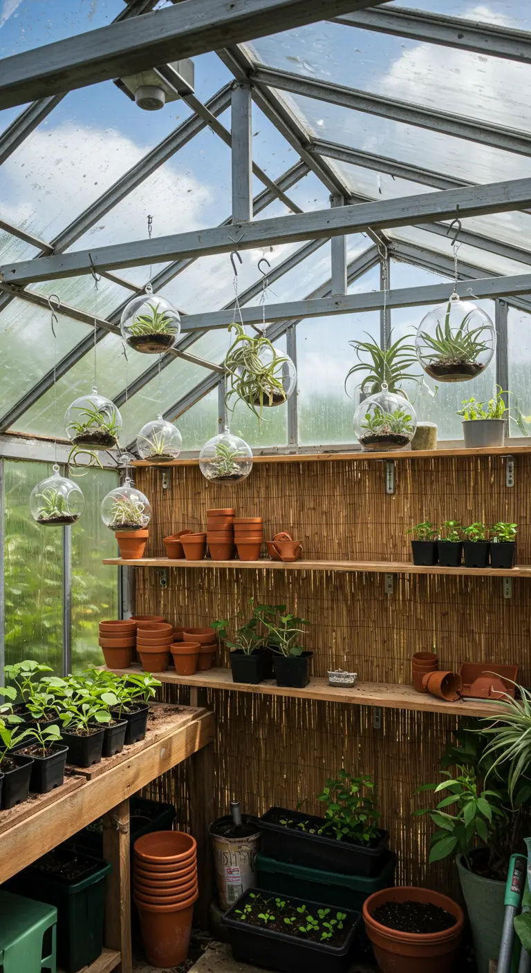 Inside a greenhouse with a bamboo screen backdrop for shelving filled with terracotta pots.