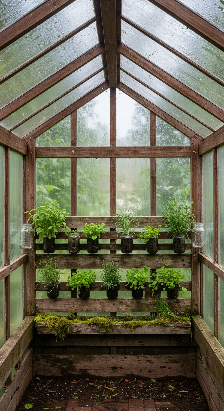 Inside a greenhouse, a wood wall holds herbs in black pots placed inside clear mason jars.