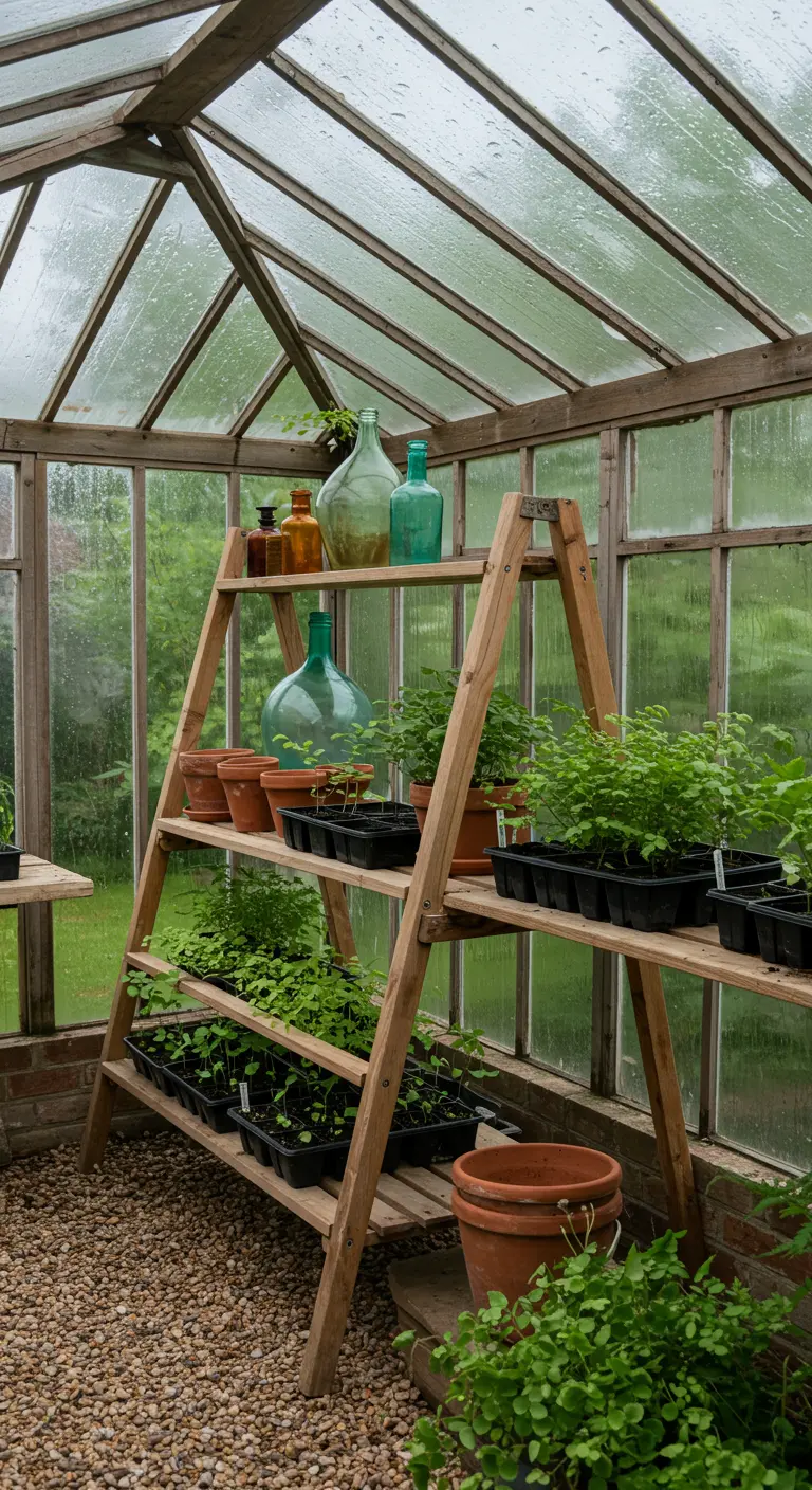 A wooden ladder inside a glass greenhouse used as a shelf for trays of seedlings.