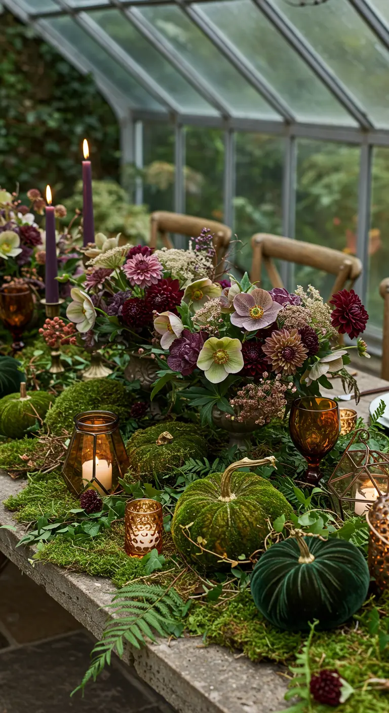 Lush greenhouse table with a moss runner, green velvet pumpkins, and lanterns.