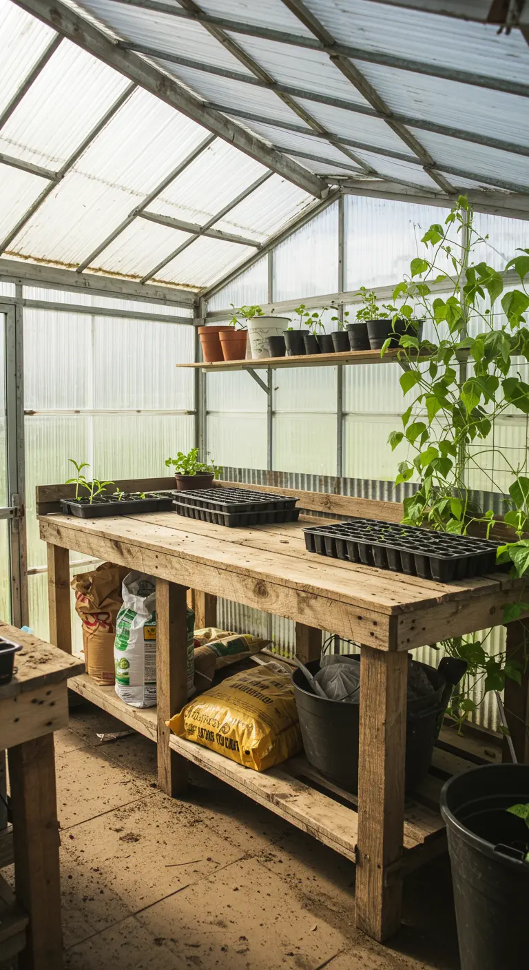 A simple wooden potting bench inside a greenhouse, covered in seedling trays and bags of soil.