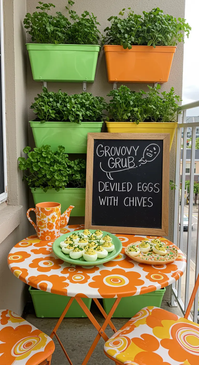 A retro-themed balcony with bright orange and green planters and a floral tablecloth.