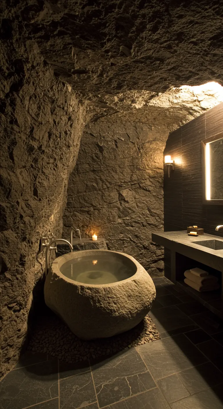 Cave-like bathroom with rough stone walls and a bathtub carved from a giant boulder.