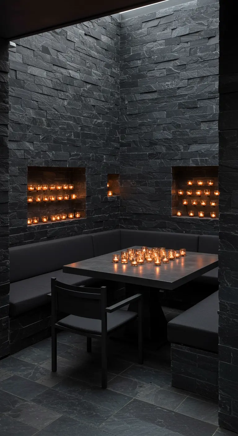 A dark, intimate dining nook with slate walls and recessed niches filled with glowing candles.