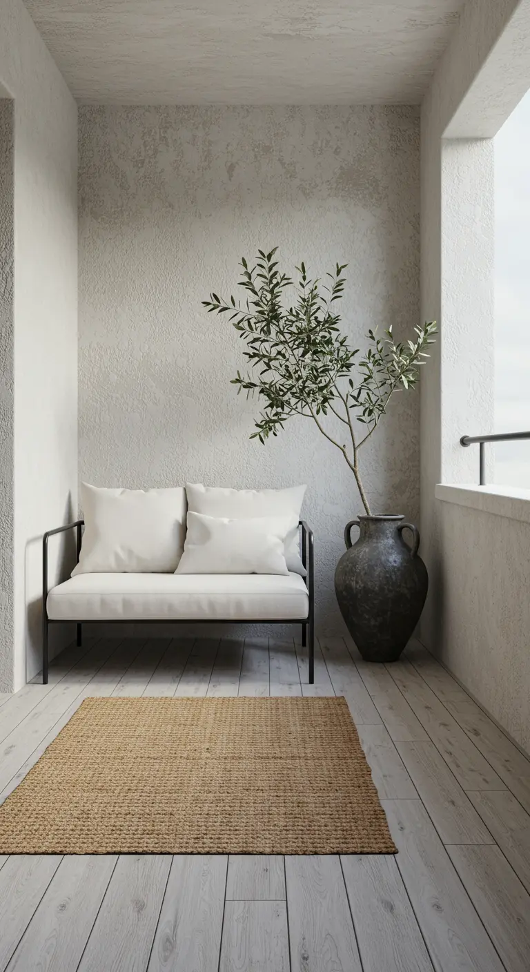 A minimalist black loveseat with white cushions on a jute rug in a concrete alcove.