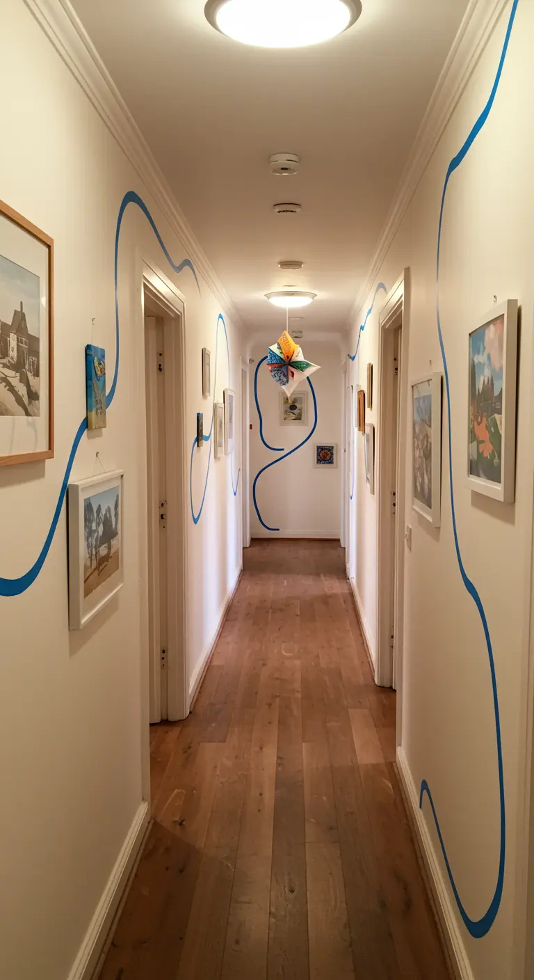 A long white hallway with a single, flowing blue washi tape line that weaves along the walls.