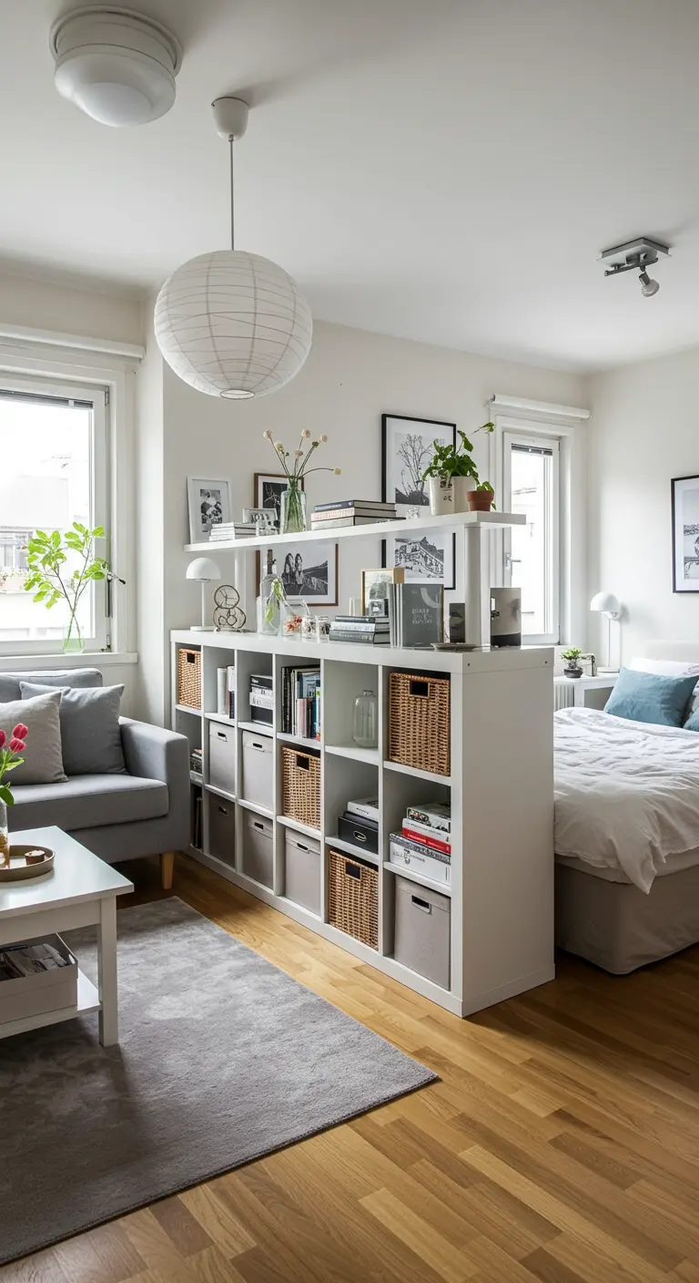 A white cube shelving unit acts as a low divider between a living room and a bedroom.