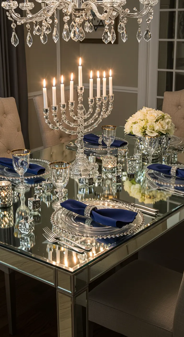 A lavish Hanukkah table with a mirrored surface reflecting a crystal menorah and candles.