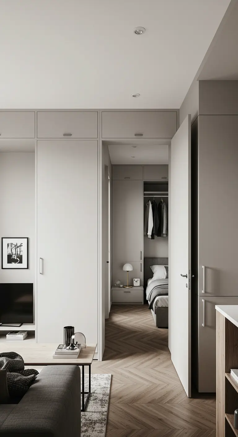 Floor-to-ceiling closets create a hallway leading to a separate bedroom nook.