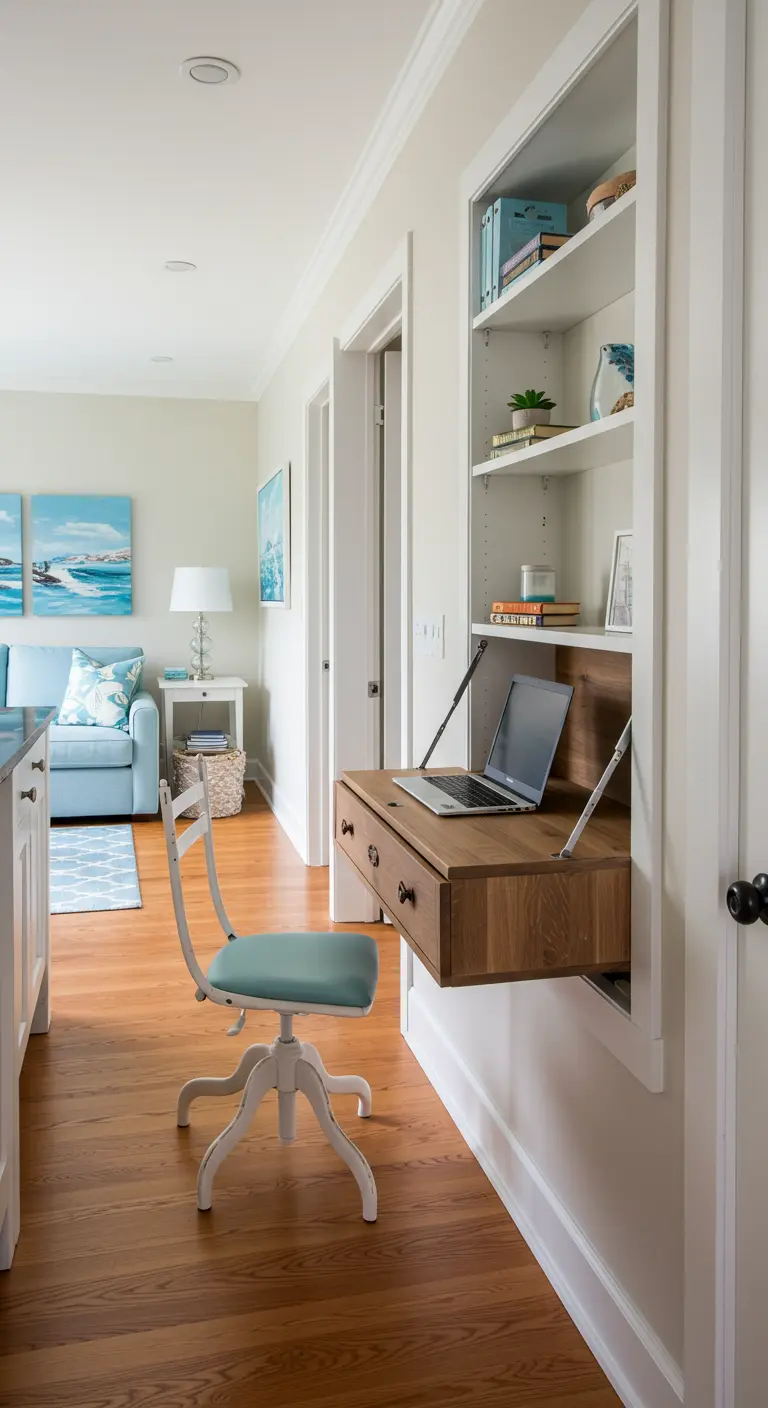 A wooden fold-down desk built into a white bookcase in a hallway, with a vintage chair.