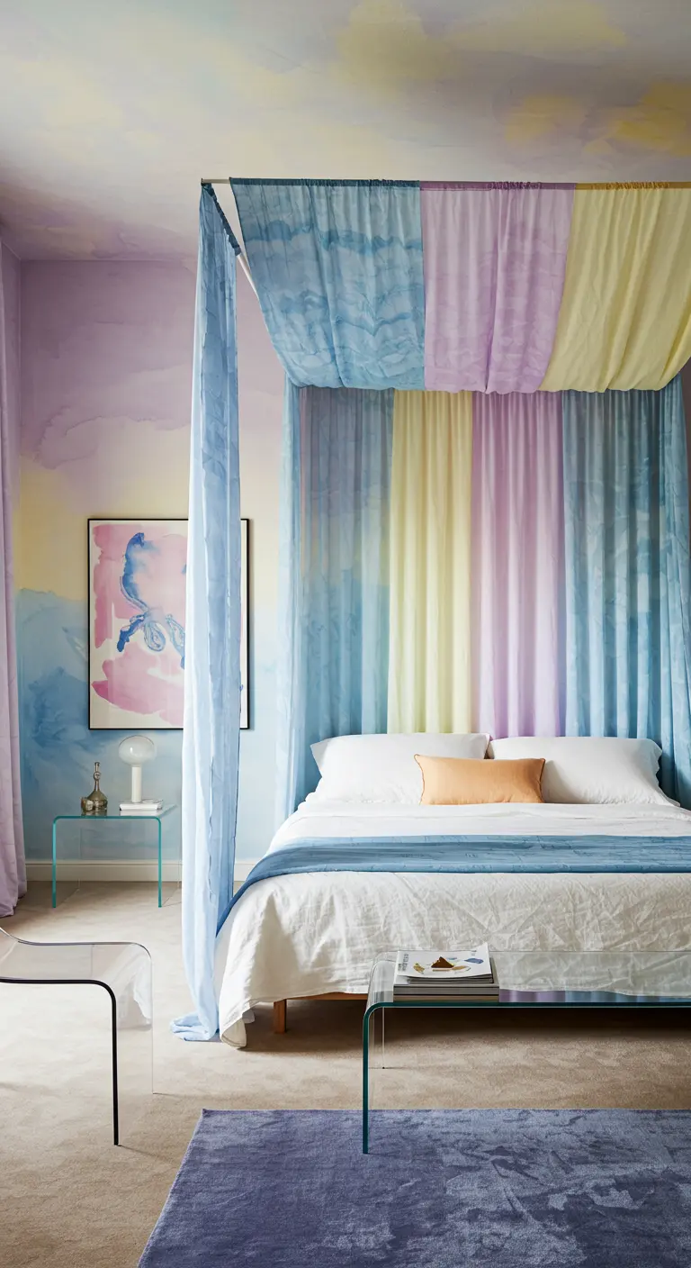 Bedroom with watercolor walls and a multi-colored sheer fabric canopy.