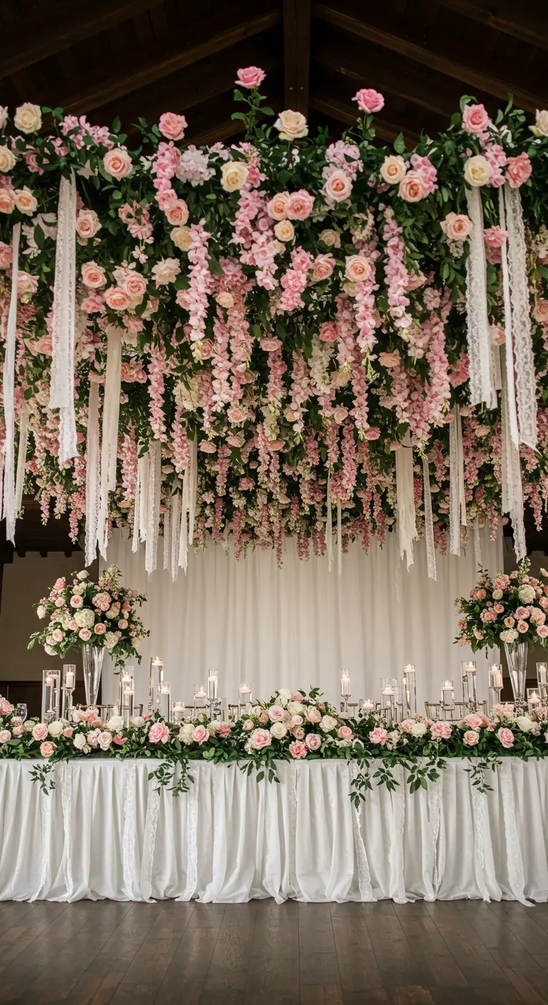 Lavish floral ceiling installation with pink wisteria, roses, and lace ribbons over a head table.