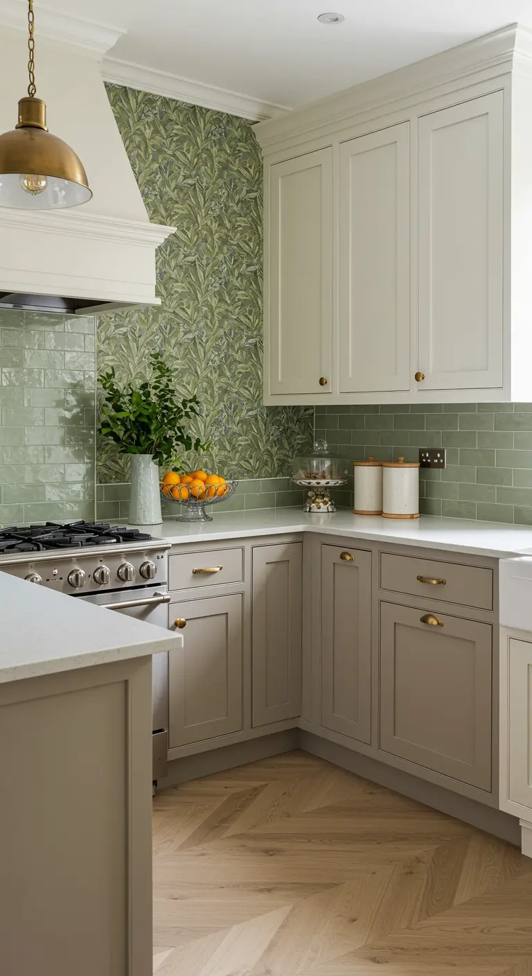 A kitchen with greige cabinets, green wallpaper, and a light wood herringbone floor.