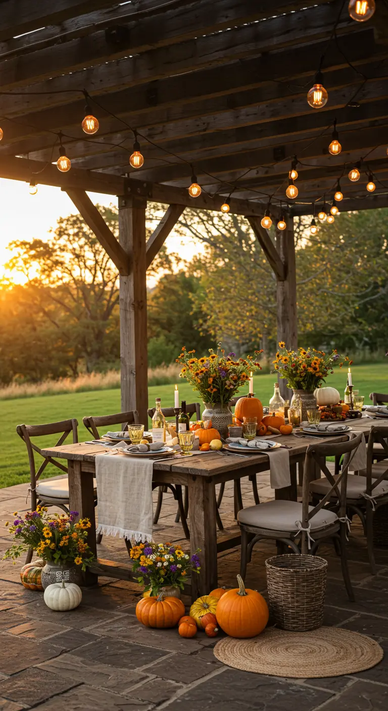 A rustic wood pergola with Edison lights over a dining table set for an autumn meal at sunset.