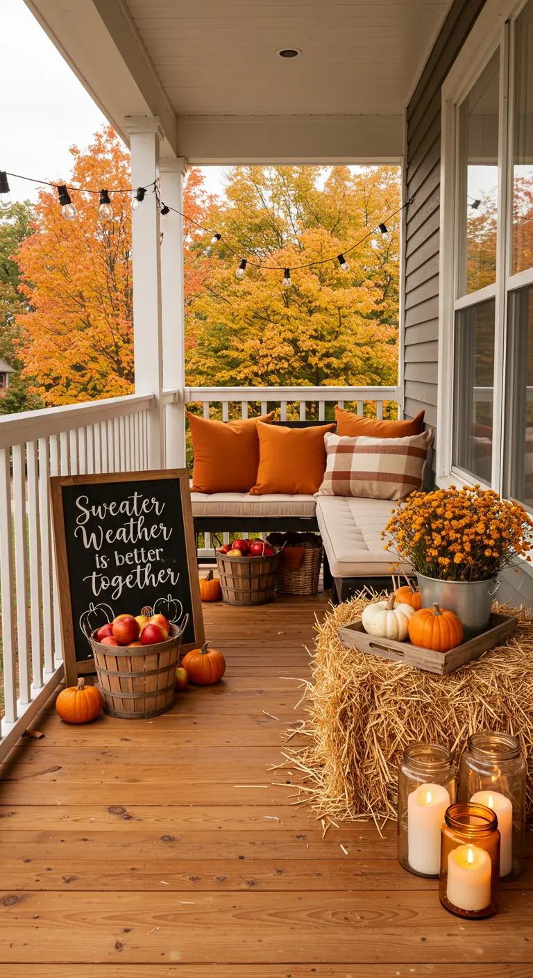 An autumn porch decorated with a hay bale, pumpkins, apples, and a 'Sweater Weather' chalkboard sign.