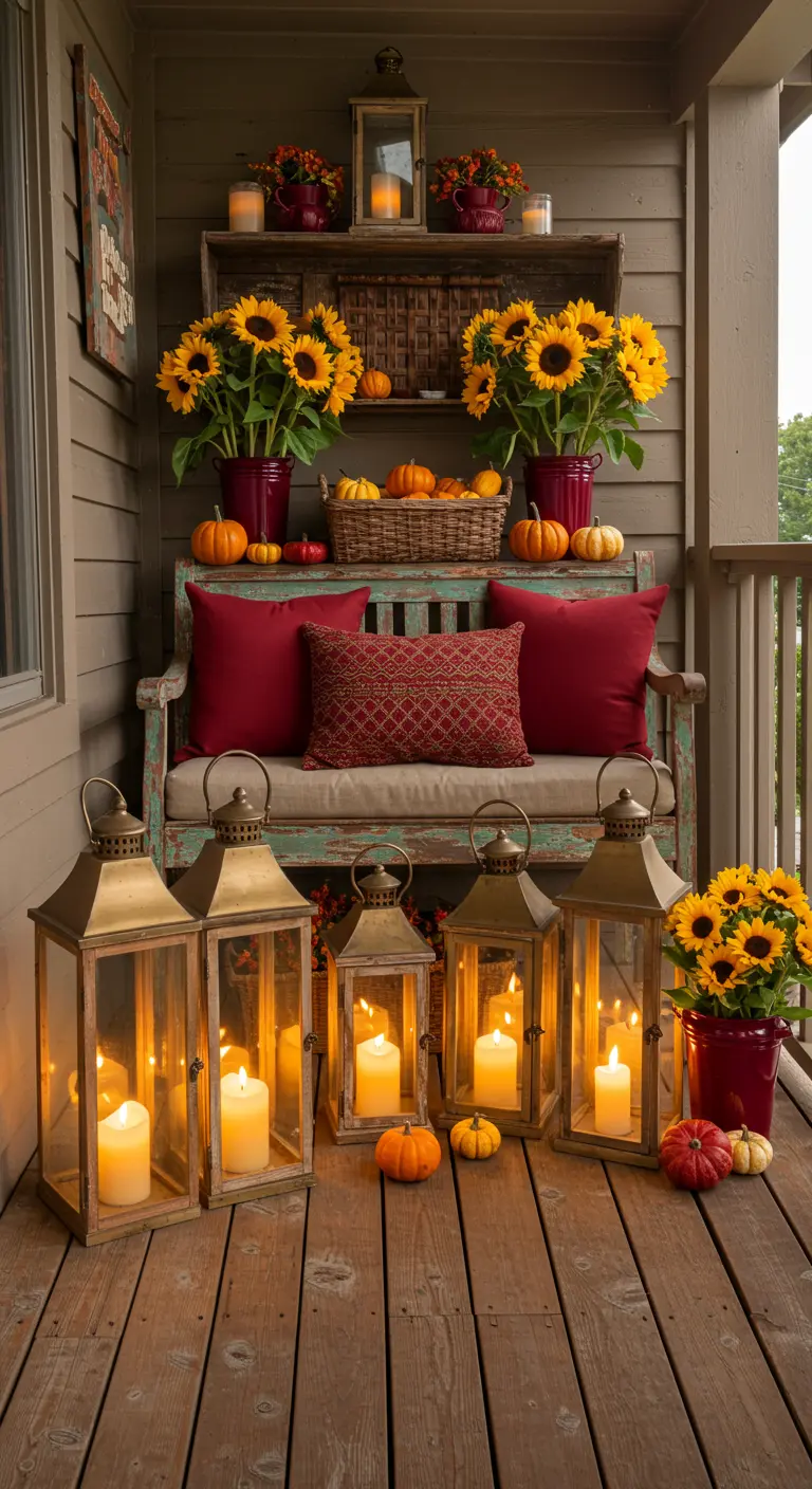 An autumn porch decorated with ruby cushions, sunflowers in red pots, pumpkins, and brass lanterns.