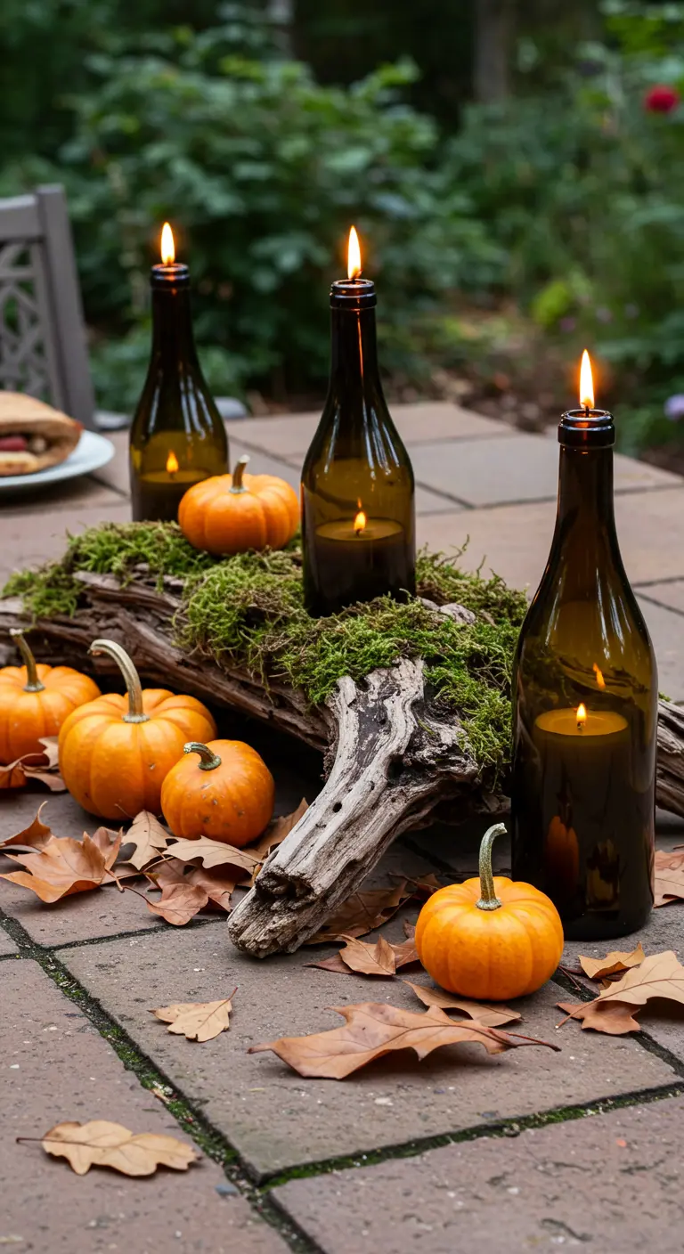 Driftwood log decorated with moss, mini pumpkins, and amber wine bottle candles for autumn.