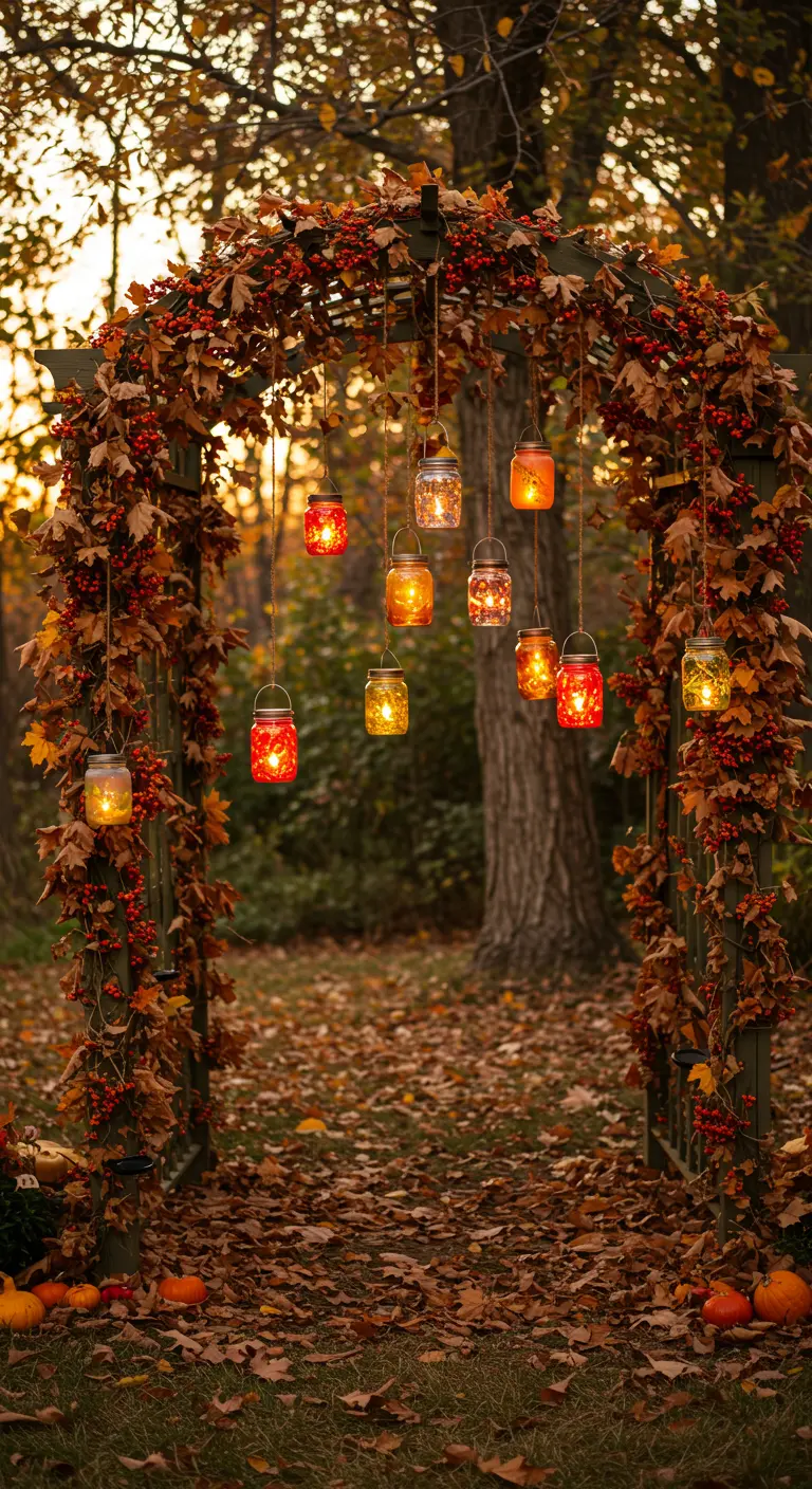 Arbor decorated with autumn leaves and berries, with hanging orange and red solar jars.