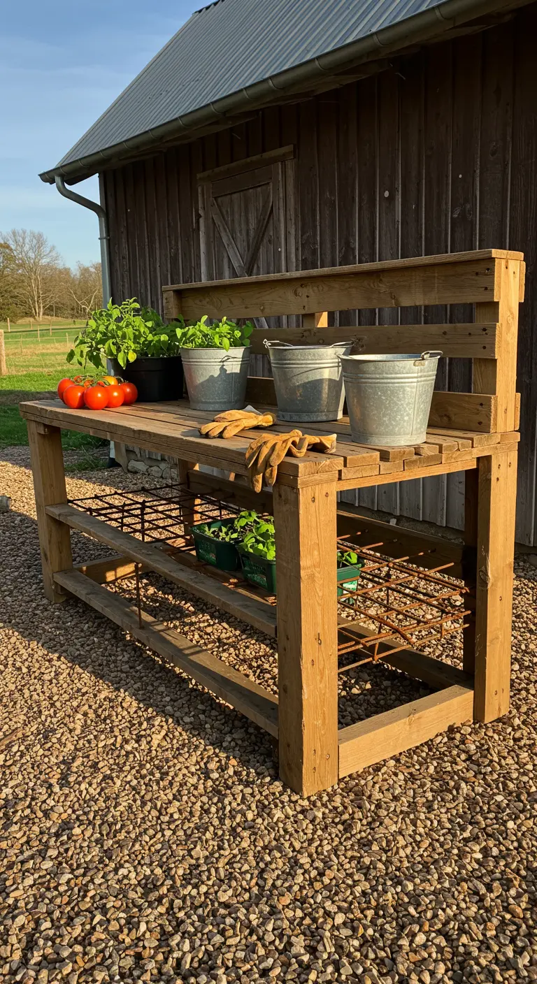 A rustic pallet potting bench holding fresh tomatoes and galvanized buckets in a farm setting.