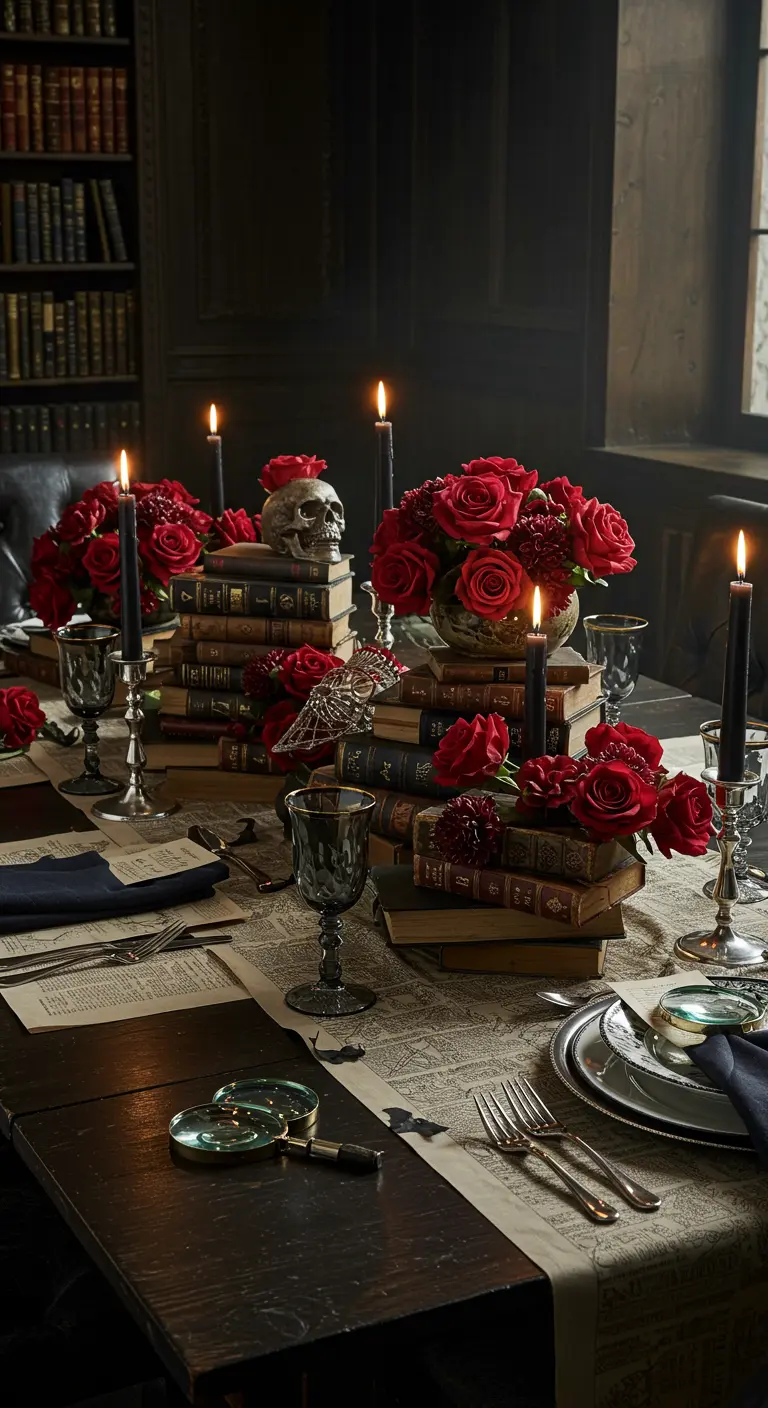 Halloween table with centerpieces on stacked vintage books, featuring a skull and red roses.