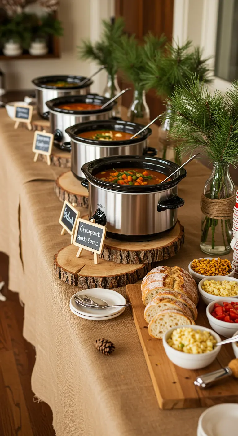 A rustic soup buffet line with slow cookers on wood slices and chalkboard labels.