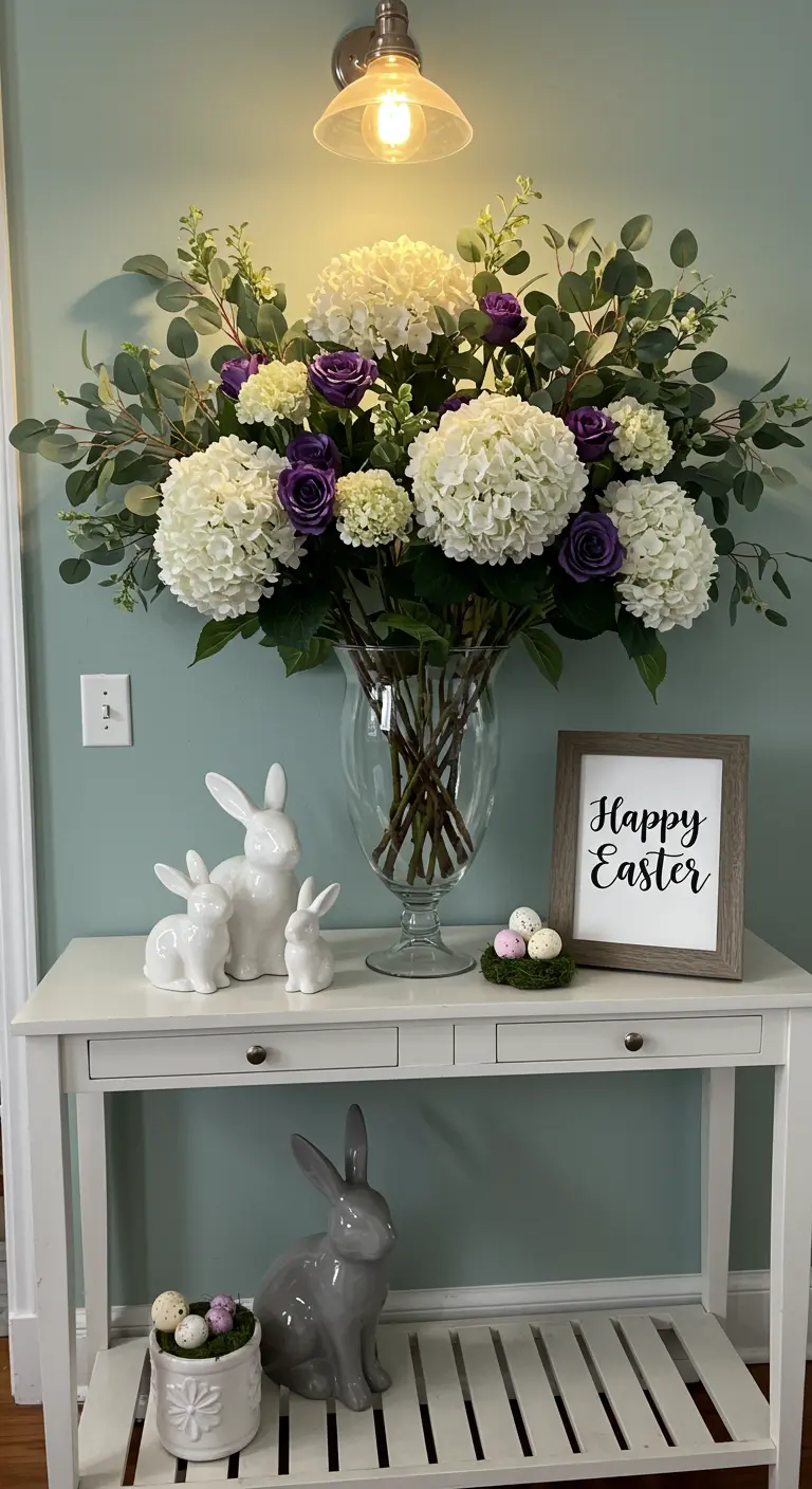 Easter entryway table with a large floral arrangement and white ceramic bunnies.