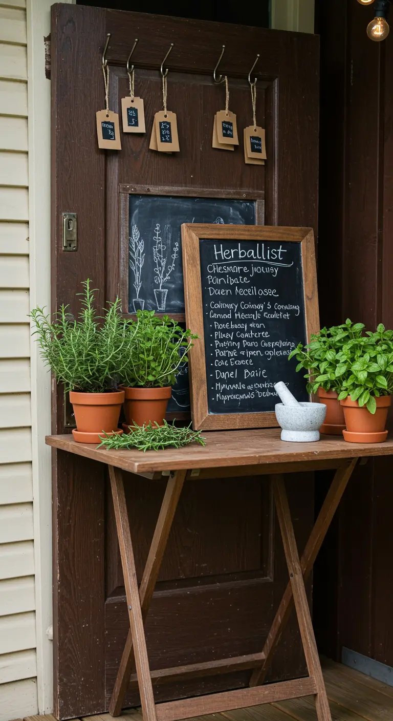 A dark wood potting station dedicated to herbs, with a framed chalkboard and terracotta pots.