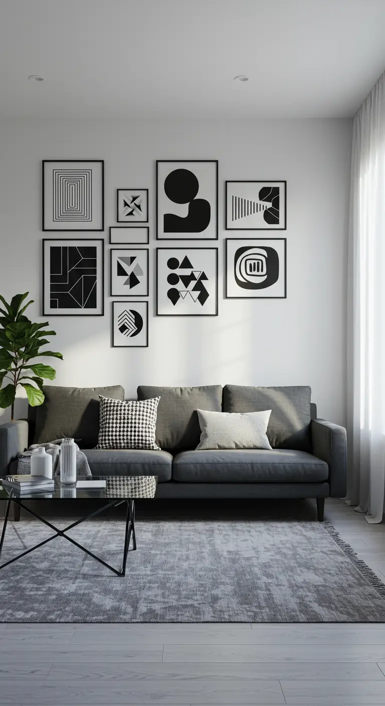 A gallery wall of black and white abstract art above a grey sofa.