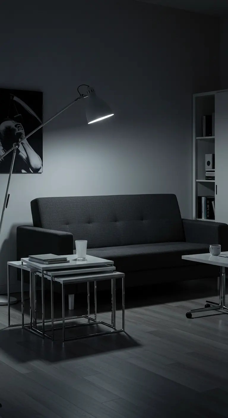 A minimalist dark gray room with a sleek sofa and shiny chrome nesting tables.