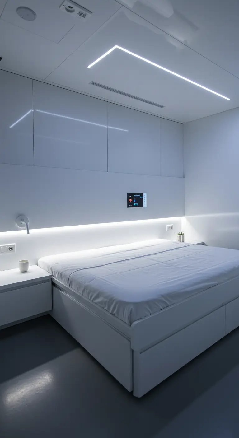 Futuristic all-white bedroom with glossy cabinets and integrated LED lighting.