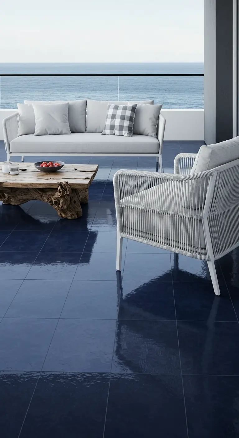 A balcony with a glossy navy blue tiled floor, a white sofa, and a driftwood coffee table.