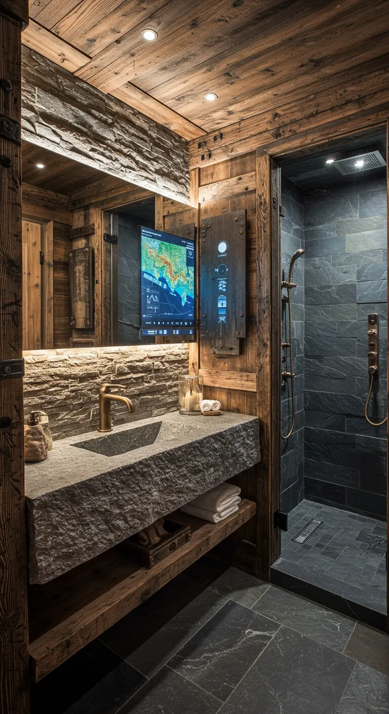 Rustic wood and stone bathroom with a large, hinged smart screen.