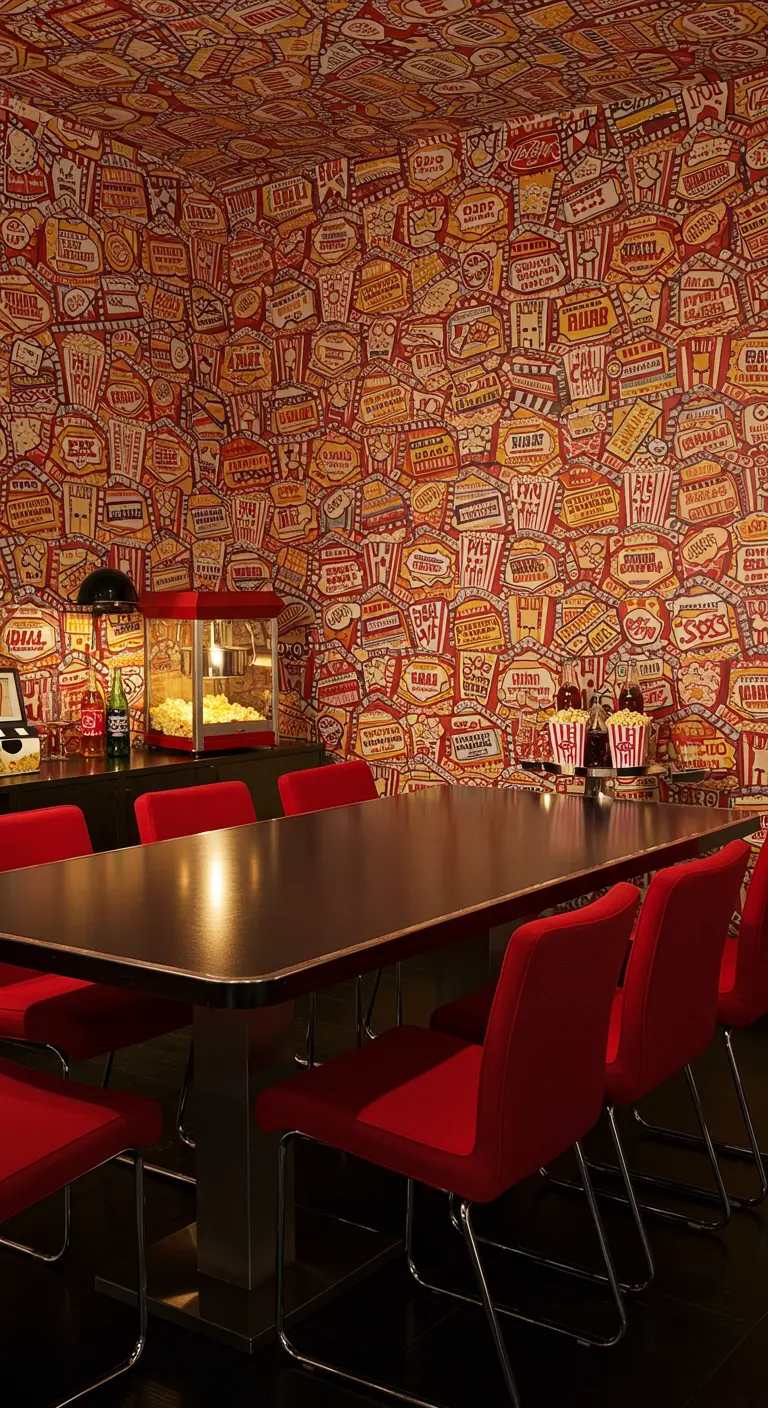 A dining or recreation room with popcorn-themed wallpaper, a popcorn machine, and red chairs.