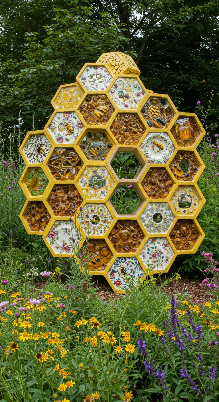 A large honeycomb-shaped sculpture with each cell filled with different yellow and floral mosaics.