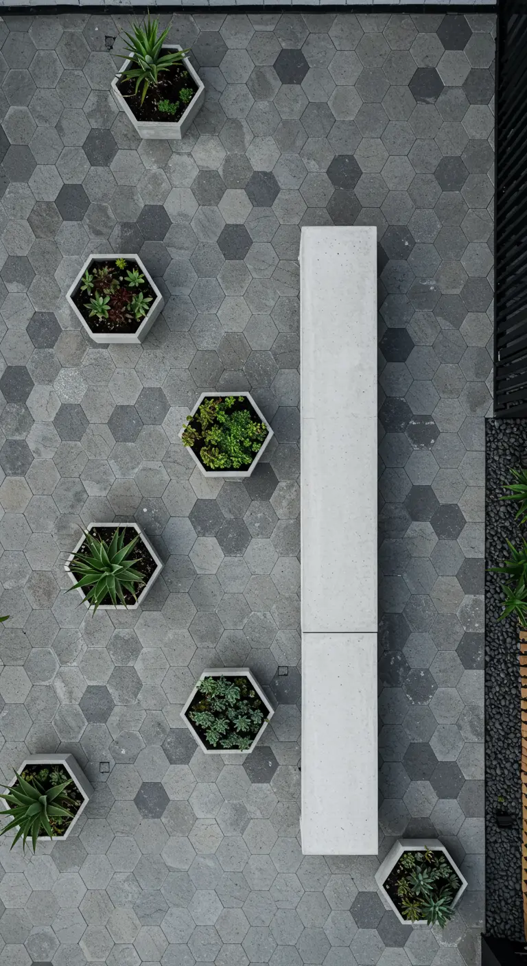An overhead view of a patio with hexagonal pavers, a concrete bench, and hexagonal planters.