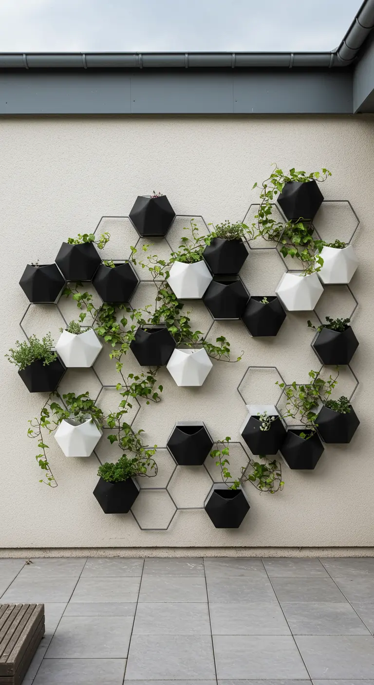 A wall-mounted honeycomb metal structure with black and white geometric planters.