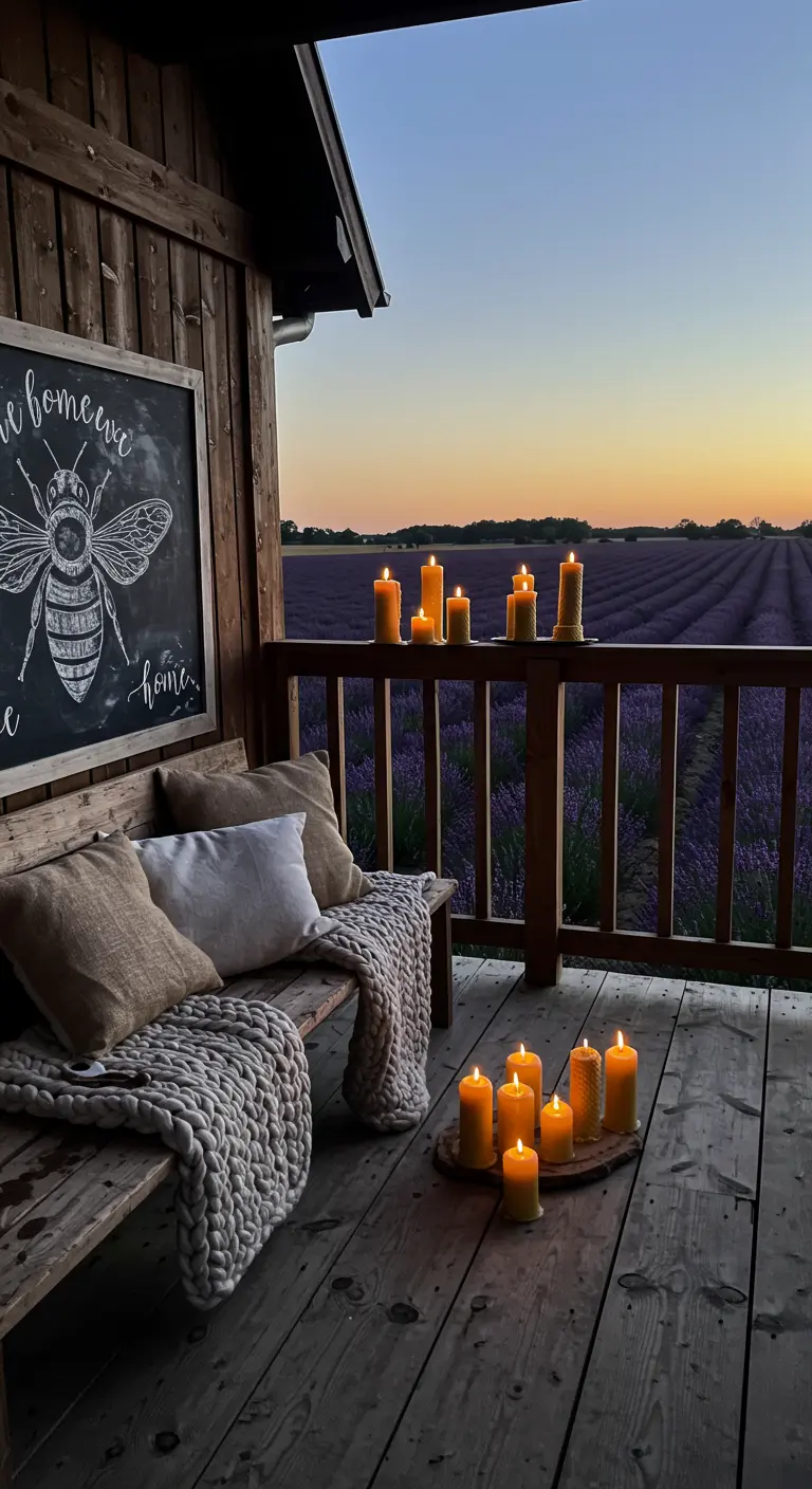 A rustic balcony overlooking a lavender field at sunset, with beeswax candles and a chalkboard drawing of a bee.